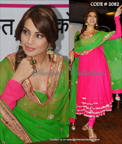 2082 Bipasha Basu's rani pink-green tea length anarkali Outfit Sets