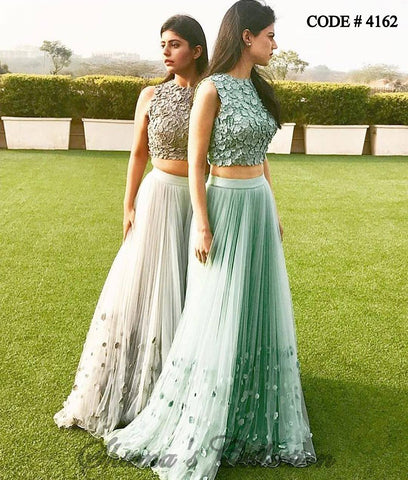 4162 Mint/Grey Cutwork Floral Croptop Lengha outfit set